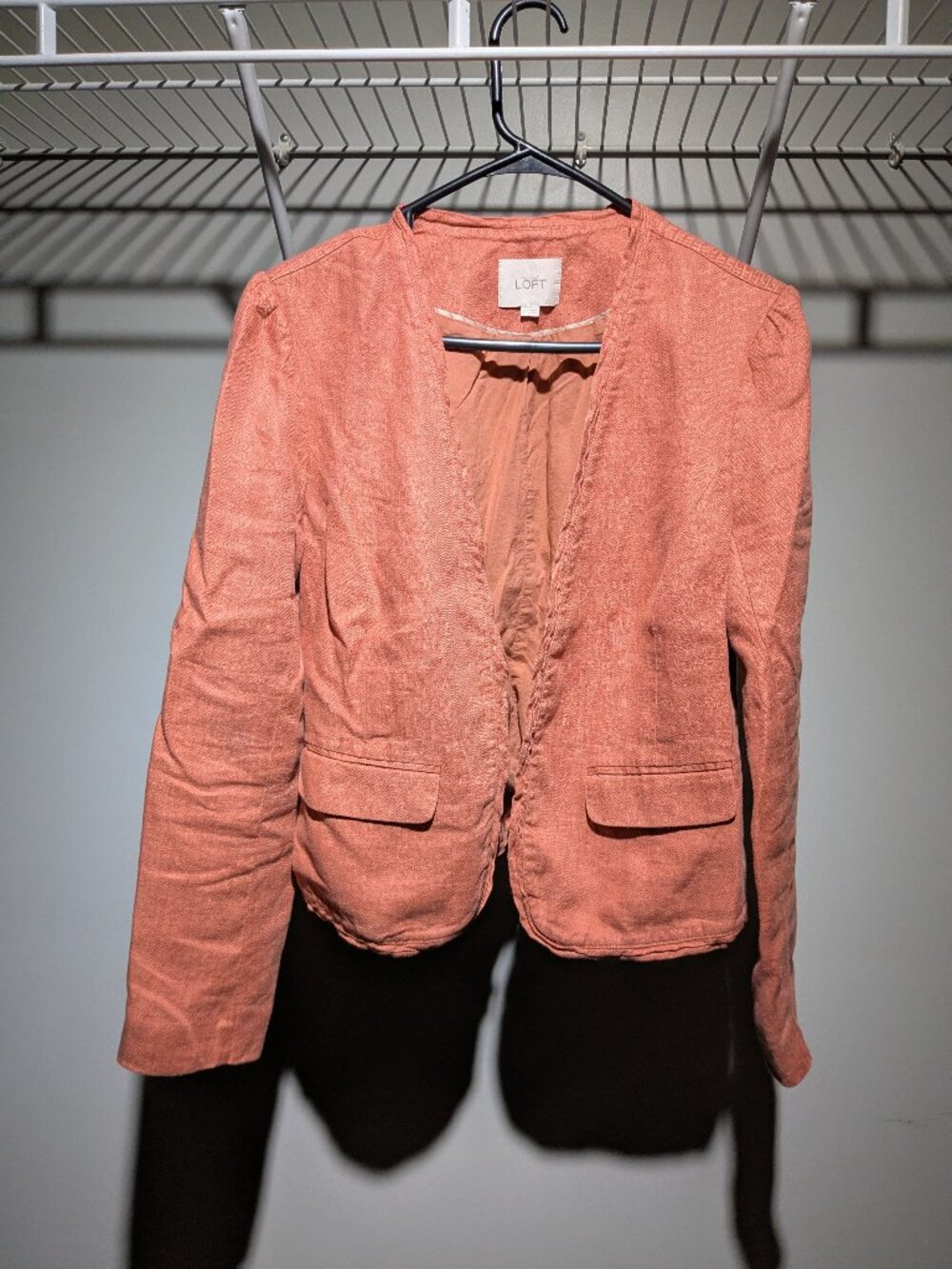 LOFT Coral Peach Open Front Linen Blazer Womens Med Collarless Workwear Business